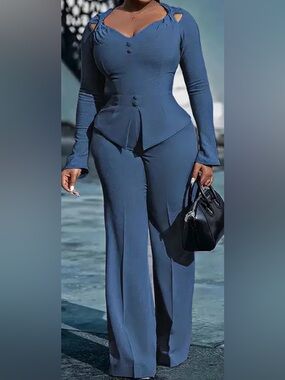 NWT-Flamingo Solid Twist Shoulder Split Hem Top & Pants Set, Blue, Sz Medium